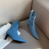 Niulatu Women Ankle Boots Pointed Toe Sock Botas Thick High Heels Black/Blue Denim Stretch Shoes Back Zipper Winter Autumn Botas DJSE