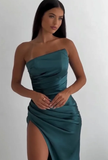 Niulatu Sheath Strapless Neckline Slit Satin Long Party Dress Prom Dresses SD2446
