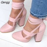 Niulatu Women's Pumps Plus Size 35-43 Women Gladiator Summer High Heels for Party Wedding Shoes Thick Heels Fashion Lace-up Female Black DJSE