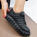 Niulatu Women Autumn Pu Leather Sneakers Sewing Lace-Up Platform Flats Vulcanized Shoes Thick Sole Brief Casual White Black Canvas Shoes DJSE