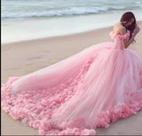 Niulatu Poofy Pink Floral Wedding Dresses Off the Shoulder Ball Gown Quinceanera Dress HZ0113