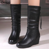 Niulatu Women's Mother Ladies Leather Snow Shoes Boots Knee High Zipper Winter Warm PU Plush Mid Calf Female Mid-calf Autumn Large Size DJSE