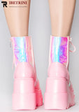 Niulatu Womens Fashion Hot Sale Short Ankle Pink Boots Sweet Cute Platform Wedges Goth Boots Zipper Lace Up Shoes Woman Brand New Casual DJSE