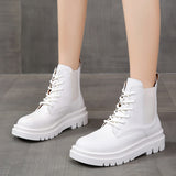 Niulatu Chunky Chelsea Boots Women Autumn Winter PU Leather Woman Shoes Lace Up Combat Botas Thick Heels Ankle Booties DJSE