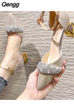 Niulatu High Heels Pumps Women Elegant Pearl Buckle Square Heels Wedding Party Shoes Ladies Pointed Toe Ankle Strap Pumps DJSE