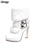 Niulatu Women High Heels Boots Fashion Ladies Party Shoes Warm Fur Shoes Woman Super High Heel 10cm Black White A2813 DJSE