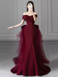 Niulatu Off Shoulder Evening Dress with Bow Burgundy Prom Dress HZ1007