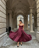 Niulatu A Line Straps Burgundy Satin Long Prom Dress Evening Dress HZ1007