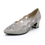 Niulatu 2025 Summer Fashion Hollow Out Genuine Leather Pumps Women Shoes Med Heels Square Heel Mesh Ladies Office Shoes Crystal DJSE