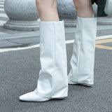 Niulatu Women Loose Boots Fold Knee High Boot Female Pointed Toe Riding Wedges Long Boot Woman Slim Pleated Shoes Luxury Brand Designer DJSE