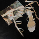 Niulatu Women Sandals 2025 New Summer Rhinestone Ankle Strap Roman Shoes Ladies High Thick Square Heels Simplicity Sexy Shoes Female DJSE