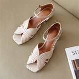 Niulatu Sandals Shoes Women Genuine Leather Ankle Strap Shoes Med Thick Heel Sandals Square Toe Cow Leather Lady Sandals Summer DJSE
