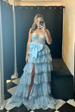 Sweetheart Light Blue Sequin Appliques Ruffle Long Formal HZ0308