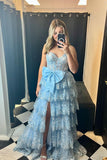 Sweetheart Light Blue Sequin Appliques Ruffle Long Formal HZ0308