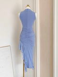 Niulatu Sheath High Neckline Blue Ruffles Vacation Dresses Short Birthday Outfits SD346