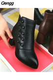 Niulatu Winter Women Boots Pu Leather Solid Color Mid Chunky Heel Ankle Boots Button Pumps Shoes Warm Ladies Short Booties DJSE