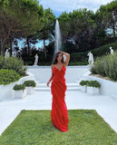 Niulatu Ruffles Prom Dress Red Backless Long Party Dress Evening Dress HZ1007