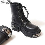 Niulatu Platform Women Ankle Boots Women's Motorcycle Boot Fashion Ladies Chunky Shoes Metal Decor Black BIG Women Boots New DJSE