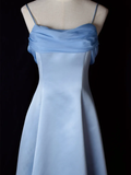 Niulatu Blue Satin Spaghetti Straps Evening Gown A Line Long Party Dress Prom Dress HZ1007