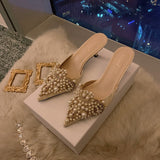 Niulatu Fashion Sexy Women Shoes Elegant String Bead Crystal Patchwork Slip-On 35-42 Thin Heels Slipper NEW AD1147 DJSE