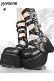 Niulatu Women Goth Platform Mid Calf Boots Wedges Heeled Cospaly Autumn Combat Boots Design Luxury Motorcycle Boots Shoes DJSE