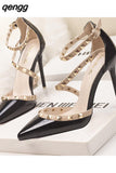 Niulatu with Thin 10CM Heel High Heel Shallow Pointed Head Rivet Hollow Word Belt PUMPS Simple Women's Shoes DJSE