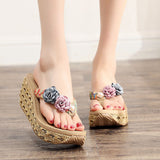 Niulatu CM High Heel Women Wedge Non-Slip Outdoor Slipper Summer Beach Shoes Female Floral Flip-Flop Bohemian String Bead Lady Sandals DJSE