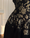 Niulatu Black Halter Satin Print Floral Sequins Evening Dress Long ALine Prom Dress HZ1007