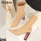 Niulatu Comfort Stretch Women Sock Boots Square High Heel Ankle Boots Fashion Pointed Toe Fall Stretch Shoes Black Big Size 2025 DJSE