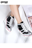 Niulatu Women Wedge Mesh Platform Casual Sneakers Side Zip Lace Cake Heel Booties 8cm Height Increased Canvas Stitching Color Shoes DJSE