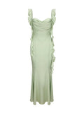 Niulatu Sheath Straps Sage Green Long Prom Dresses Evening Dress With Ruffles HZ1110