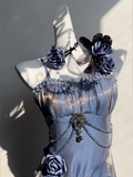 Niulatu Sheath Spaghetti Straps Floral Blue Long Party Dresses Birthday Outfits With Sleeves SD440
