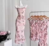 Cute Mermaid Spaghetti Straps Pink Floral Long Summer Dress For Women HZ1214