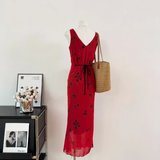 Cute A line V Neckline Red Floral Long Summer Dress For Women HZ1214