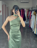 Niulatu One Shoulder Hot Pink Satin Sheath Prom Dress Long Evening Dress HZ1007