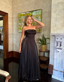 Niulatu Black Strapless A Line Evening Dress Long Prom Dress HZ1007