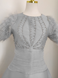 Niulatu A Line Scoop Neckline Silver Gray Satin Dinner Party Dresses Birthday Outfits SD399