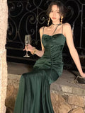 Niulatu Sheath Spaghetti Straps Floor Length Green Satin Prom Dresses Birthday Dress SD452