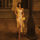 Niulatu A Line Spaghetti Straps Satin Party Dress Prom Dresses SD1382