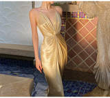 Niulatu Halter V Neck Party Dress Champagne Gold Prom Evening Dress HZ1007