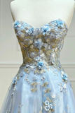 Niulatu Tulle Appliques Long Prom Dress A-Line Strapless Evening Dress HZ1007