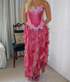 Niulatu Hot Pink Lace Chiffon Ruffles Evening Dress Strapless Prom Dress HZ1007