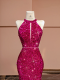 Niulatu Pink Mermaid Halter Sequin Open Back Long Prom Dress Party Dress HZ0113
