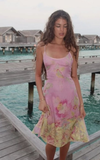 Niulatu Pink Satin Print Midi Prom Dress Straps Evening Dress HZ1007