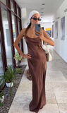 Niulatu Brown A Line Spaghetti Strap Satin Open Back Prom Dress Wedding Guest Dress HZ0113