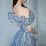 Niulatu tulle long A line prom dress blue evening gown HZ1007