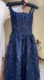 Niulatu Blue A Line Lace Appliques Prom Dress Elegant Evening Gown HZ1007