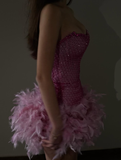Niulatu Pink Strapless Beaded Tulle Feather Short Prom Dress HZ0113