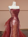 Niulatu Mermaid Strapless Red Sequin Tulle Long Prom Dress Party Dress HZ0113