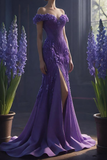 Niulatu Purple Chiffon Appliques Slit Mermaid Evening Dress Long Prom Dress HZ1007